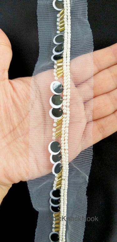 White Net Lace With Black & White Sequins and Beads, Exclusive Laces, Sequinned Trimming
